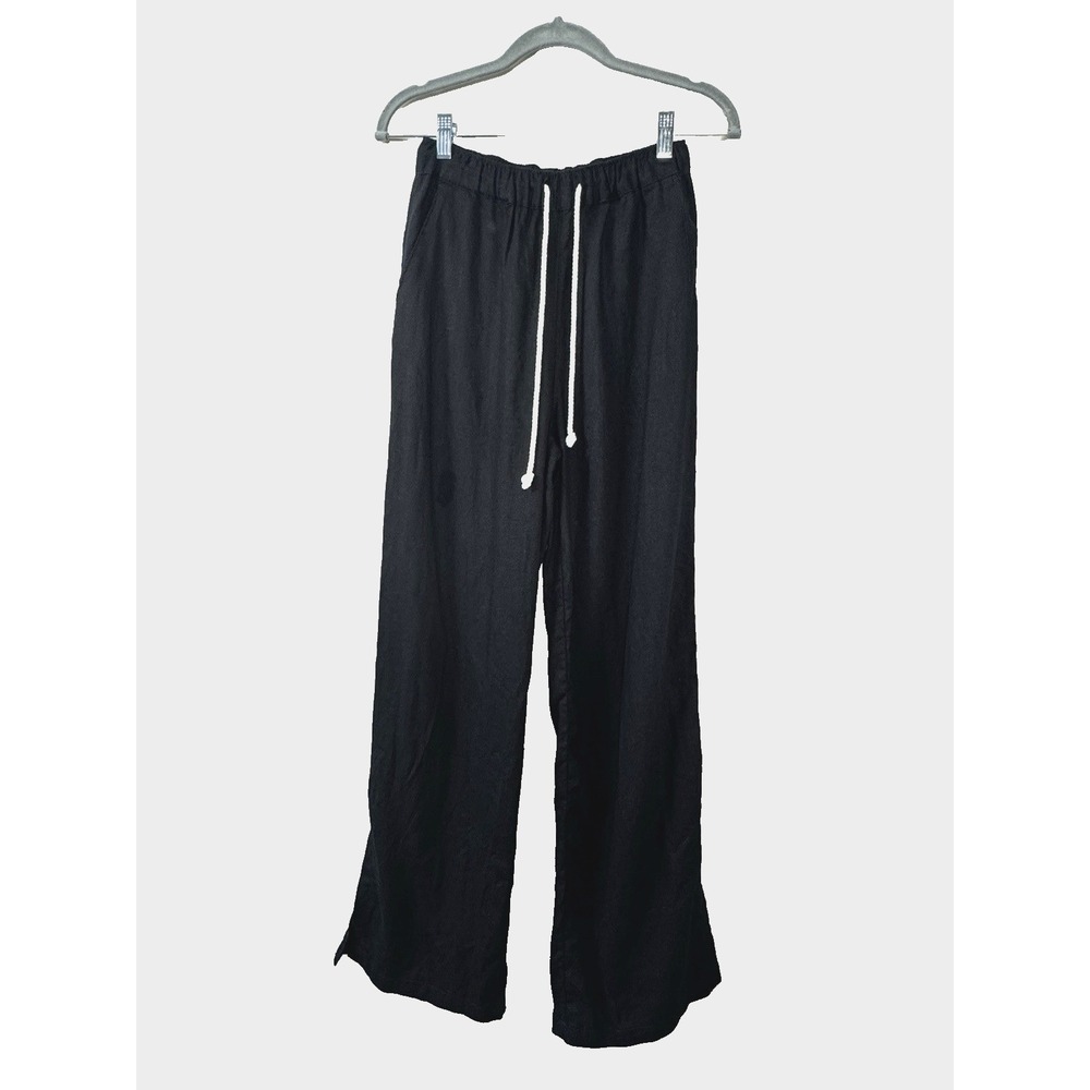 Womens Black Linen Pant Pockets Wide Leg Drawstring Waist Small Minimal Beach